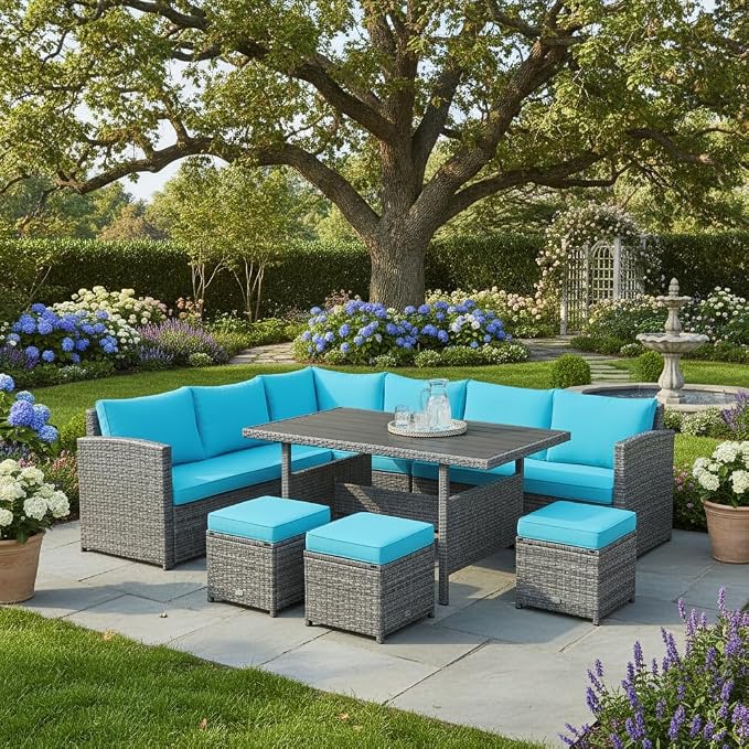 Tangkula 7 Pieces Patio Furniture Set, Outdoor Sectional Rattan Dining Sofa Set with Cushions, All Weather Wicker Conversation Couch Set with Dining Table & Ottomans for Yard Garden Poolside