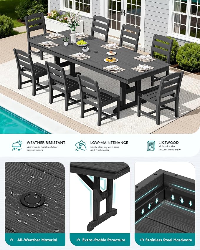 SERWALL 9 Piece Outdoor Dining Set, 84" HDPE Outdoor Table and Armless Chairs Set for 8，All Weather Patio Furniture Set with Umbrella Hole for Backyard, Garden, Black