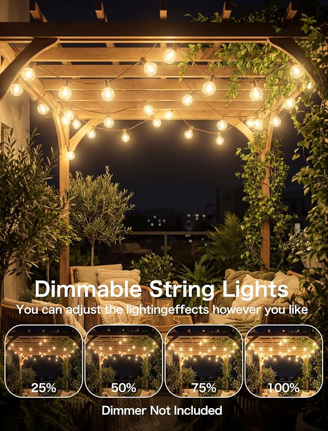 50FT Brown Outdoor String Lights, Shatterproof LED Globe Edison String Lights with 50 G40 LED Bulbs, Waterproof Connectable Hanging Light for Backyard Patio Porch Balcony Party Decor, E12 Base