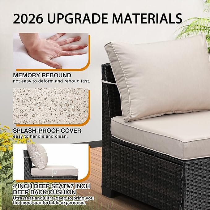 JOYURE 7 Pieces Patio Furniture Set All-Weather Outdoor Wicker Sectional Conversation Sofa Rattan Patio Seating Sofa with Cushion and Glass Table and Ottoman for Porch,Beige