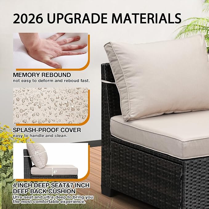 JOYURE 10 Pieces Patio Furniture Set All-Weather Outdoor Wicker Sectional Conversation Sofa Rattan Patio Seating Sofa with Cushion and Glass Table for Porch Poolside,Beige