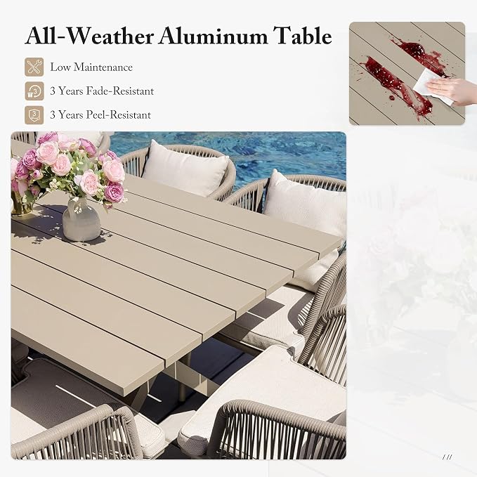 PURPLE LEAF 11 Pieces Patio Dining Set with Waterproof Furniture Cover Rectangular Table and Chairs Set for Garden Deck Aluminum Frame Backyard Kitchen Set, Cushions and Pillows Included Champagne