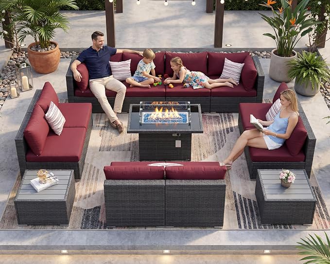 NICESOUL 13 Piece Outdoor Sectional Furniture with Firepit, Contemporary Back Yard Fireplace w/Seating Area, Plus Size 29.3'' High Back Patio Set, All-Weather Wicker Couch for Exterior, Gray & Red