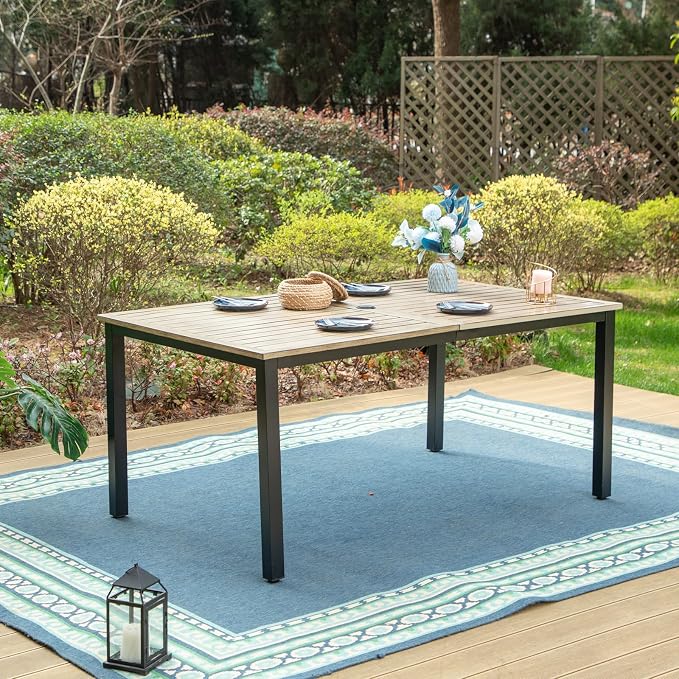 MFSTUDIO Outdoor Patio Dining Table for 6, Rectangle Metal Patio Table 64"x38" Wood-Like Tabletop with Adjustable Umbrella Hole for Deck,Backyard,Lawn,Garden