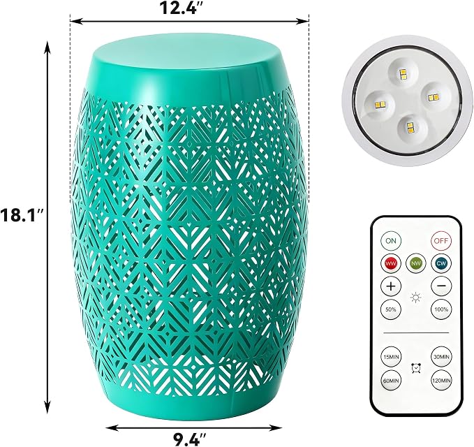 Large Side Table Outdoor,18" H LED Light Metal End Table with Geometric Cut-Out Design, Hollow Drum Coffee Accent Table Plant Stand with No Assembly & Weather-Resistant for Patio, Garden, Indoor