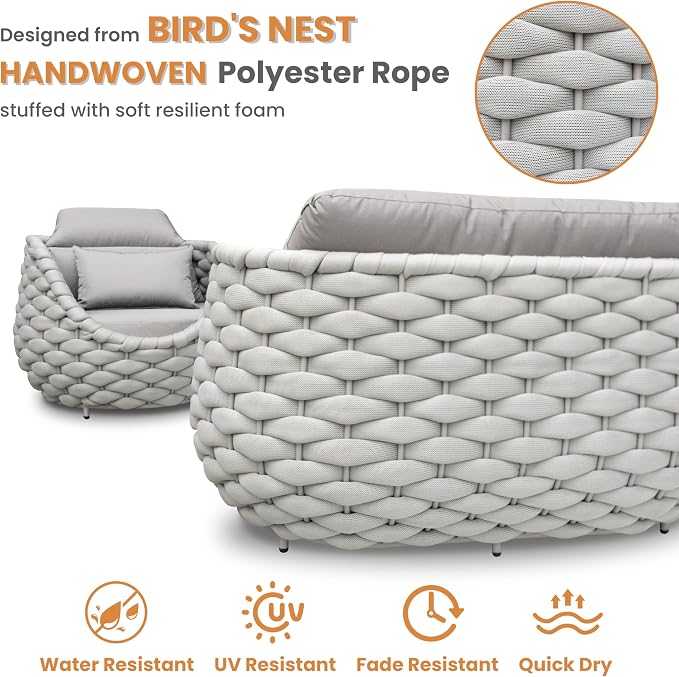 5 Pieces Porch Patio Conversation Set: Hand Woven Rope, Rusrproof Aluminum Frame, Weather Resistant, Thick Cushions, No Assembly Furniture, Comfy Outdoor Sofa Set for Deck Yard Lawn Hotel - Gray