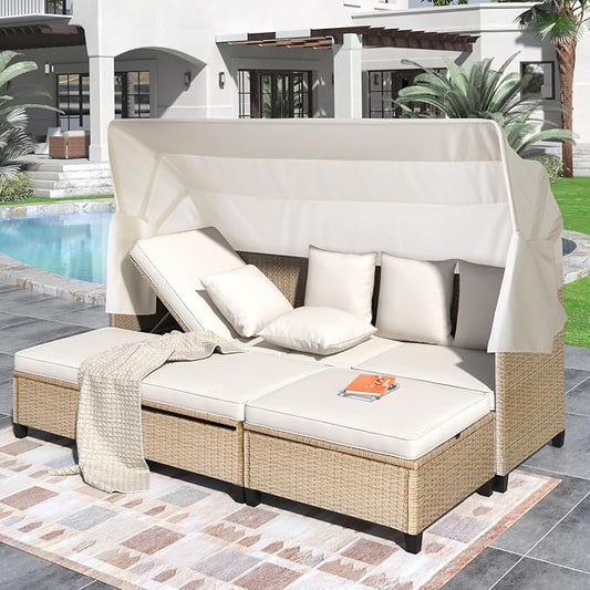4 Piece Outdoor Patio Furniture Set Featuring Retractable Canopy Daybed, Adjustable Backrest Sectional Sofa and Chaise Chair Sunbed for Garden Poolside Backyard Lounge Area