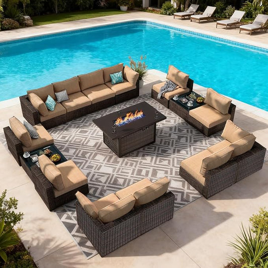Patio Furniture Set, 15 Pieces Outdoor Sectional Patio Furniture Set with 42" Fire Pit Table, Rattan Wicker Sofa Set for Garden Backyard Deck Poolside, Beige