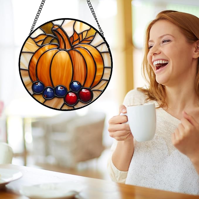 DASTOLL Stained Glass Window Hanging Fall Pumpkin Berries Large 11.8" - Suncatcher Door Garden Kitchen Sunroom Sun Catcher Autumn Home Decor Birthday for Mom Grandma Men Woman