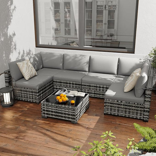 KIGOTY Patio Furniture Set,7 Pieces Modular Outdoor Sectional Sofa, PE Rattan Patio Conversation Set, All Weather Wicker Patio Furniture with Cushions and Coffee Table（Light Grey/Light Grey）