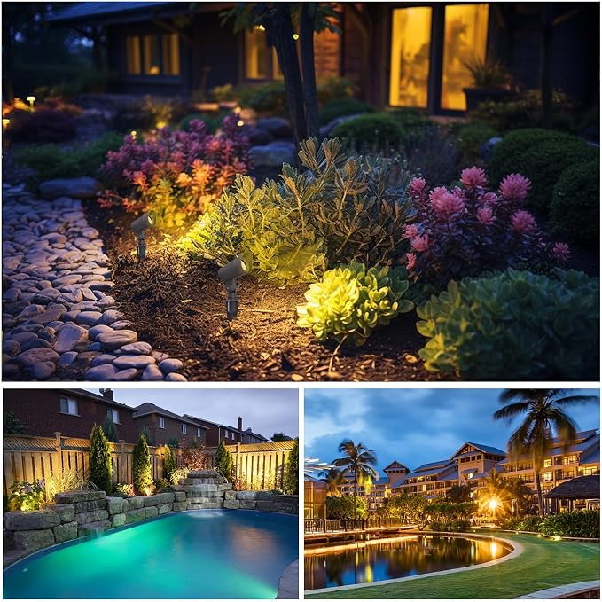 E ENERGETIC LIGHTING LED Landscape Lights with Connectors, 12V Low Voltage, Warm White 3000k, 4W, 175LM, Outdoor Waterproof Garden Pathway Lights Wall Tree Flag Spotlights with Spike Stand, 10 Pack