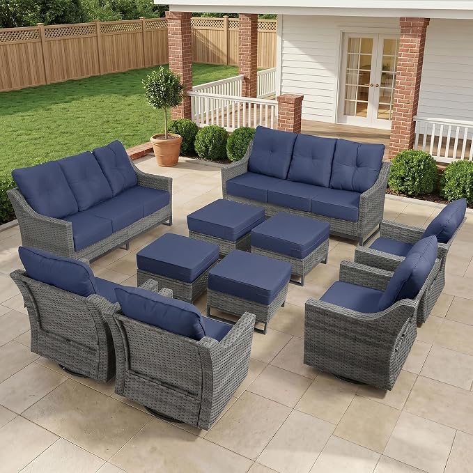 10 Piece Patio Furniture Set, 360°Swivel Glider Patio Chairs Set of 4, Outdoor 4 Ottomans and 2 Sofas, Comfortable Seating with 6 Inch Thick Cushions, All-Weather Wicker Outdoor Patio Set