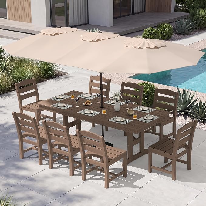 KINGYES 8-Person Outdoor Patio Dining Set with Patio Umbrella,84 inch HDPE Rectangular Table and Chairs Set，Waterproof Furniture Set with Umbrella Hole for Backyard,Brown