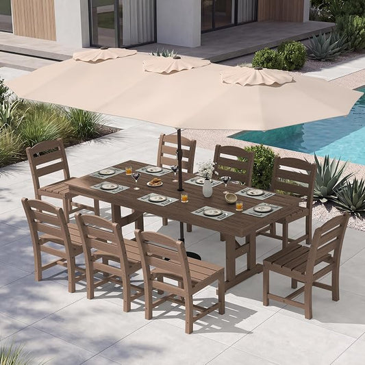 KINGYES 8-Person Outdoor Patio Dining Set with Patio Umbrella,84 inch HDPE Rectangular Table and Chairs Set，Waterproof Furniture Set with Umbrella Hole for Backyard,Brown