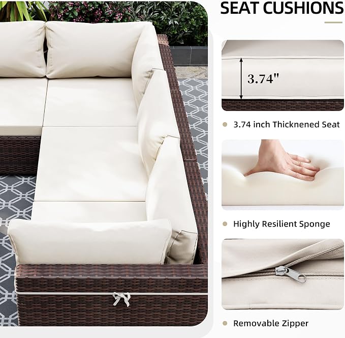 UPHA 7 Pieces Patio Furniture Sets, Wicker Outdoor Sectional Sofa Couch with Coffee Table, Patio Conversation Set for Deck Backyard Garden, Brown Rattan, White Cushion