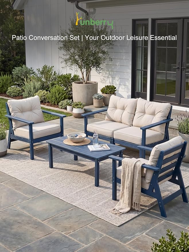 HDPE Patio Conversation Set 6 Seats, Outdoor Furniture Set, Patio Sofa Set | Water-Resistant Thick Cushion, HDPE All Weather, Wood-Grain, No Rot or Rust or Crack, UV Fade Shield, Easy-Clean for Outside
