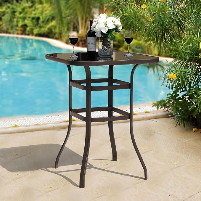 NUU GARDEN Patio Bar Table 32 Inch Outdoor Bar Height Bistro Table with Tempered Glass Table Top and Powder-Coated Iron Frame for Patio, Backyard, Cafes, Black