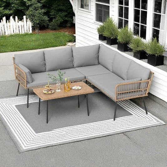 DWVO 4 Piece Patio Furniture Set with 5 Seater Outdoor Sectional with Thickness Cushions and Side Table All-Weather L-Shaped Sectional Conversation Sofa Set Outdoor Furniture Set for Backyard Porch