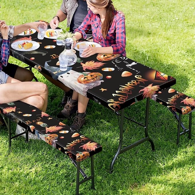 Halloween Picnic Table Cover with Bench Covers Ghost Pumpkin Outdoor Camping Essentials 3PCS Fitted Rectangle Table Covers for Family Gatherings Vacations BBQ Party