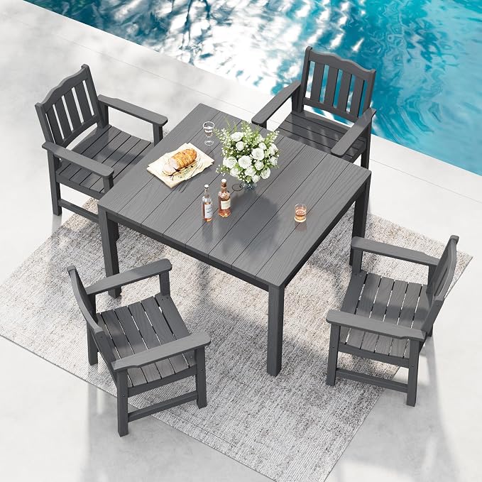 Stoog All-Weather Patio Dining Sets, 5 Pieces Outdoor HIPS Dining Table with Aluminum Frame, Patio Dining Table and 4 Chairs, Low Maintenance, Grey