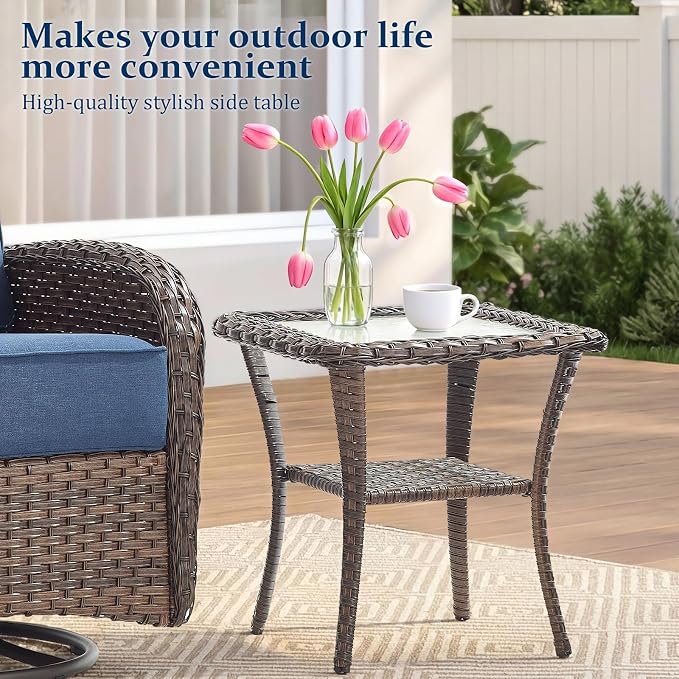 Outdoor Swivel Rocking Chair Patio Set (6PCS), High-Back - Thick Cushion Swivel Rocking Chair Patio Set, All-Weather Wicker Patio Furniture Set, Suitable for Balcony Patios, Brown/Blue