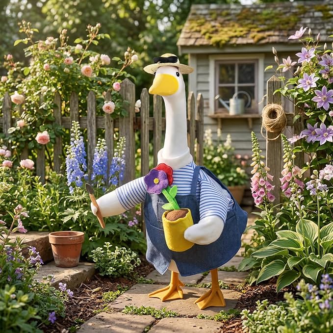 Erythem Gardener Porch Goose Outfits, Cute Spring Porch Goose Clothes with Straw Hat, Shovel & Flower Pot Fits 23" Cement Plastic Geese Statue for Outdoor Garden Yard Decor
