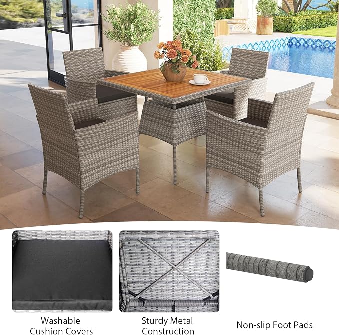 Tangkula 5 Pieces PE Wicker Patio Dining Set, Outdoor Acacia Wood Table and Chairs with Cushions and 1.97" Umbrella Hole, for Deck, Garden and Backyard (Black)