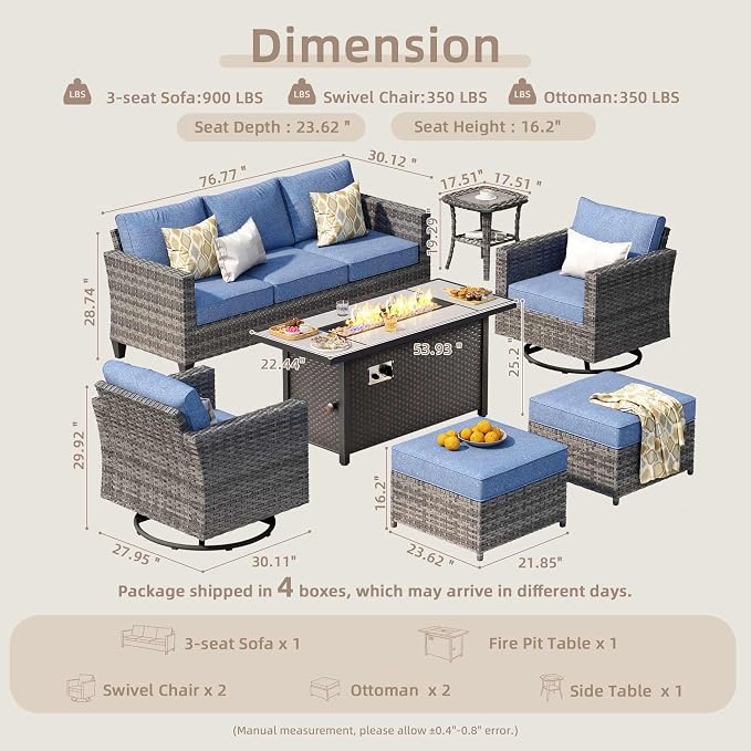 CAODOC 7-Piece Outdoor Wicker Patio Set with 7 Seats, Including 53" Fire Pit - Swivel Rocker Chairs and Conversation Set for Backyard or Lawn, Gray Rattan with Waterproof Blue Cushions