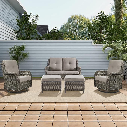 Rilyson 5 Piece Outdoor Patio Furniture Set - Rattan Wicker Patio Conversation Sets with 2 Swivel Rocker Chairs,2 Ottomans and 1 Loveseat for Outside Porch Deck Backyard(Mixed Grey/Grey)