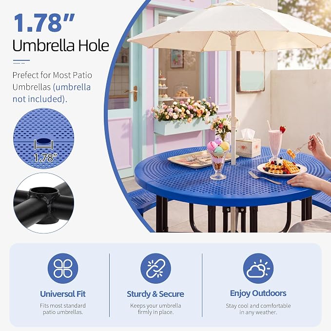 46" Outdoor Round Perforated Picnic Table Metal Camping Table with Umbrella Hole - Heavy Duty Steel Mesh Picnic Bench Set for Backyard Garden Deck, Blue