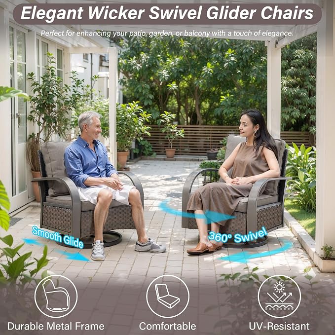Belord Outdoor Swivel Rocker Patio Chairs Set of 2, 3 Piece Wicker Patio Bistro Set with Metals Side Table and Comfort High Back 4" Cushion Outdoor Patio Glider Chair for Balcony Deck Porch