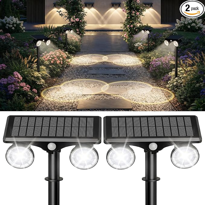 Solar Lights Outdoor Waterproof, Dual Heads Adjustable Solar Spot Lights Outdoor, 2-in-1 Motion Sensor Solar Powered Spotlight Landscape Lighting for Garden, Yard, Pathway- 2 Pack (Cool White)