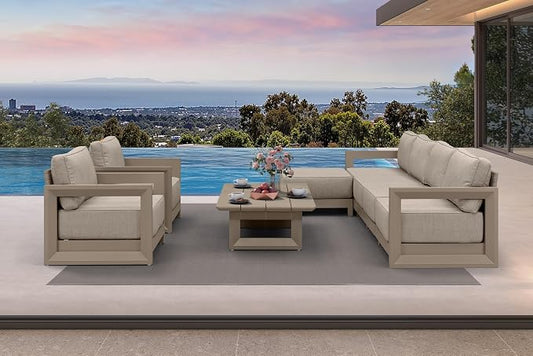 PURPLE LEAF Patio Furniture Set Open-End Outdoor Couch with 9.6" Thick Cushion and Soft Pillows 8 Piece Outdoor Sectional Sofas with Table Modern Patio Conversation Sets for Yard Porch Deck, Khaki