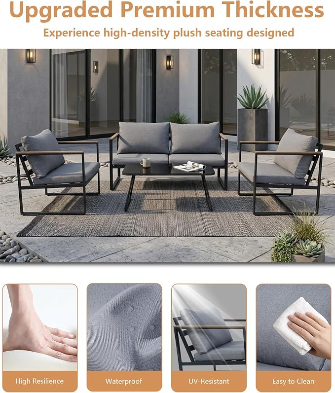 4 Piece Patio Furniture Set,Metal Outdoor Furniture Couch with Clear Tempered Glass Coffee Table,All Weather Patio Conversation Sets with Loveseat & Grey Washable Cushions for Balcony,Porch