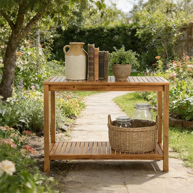 Patio Console Table 2 Shelf - 45'' Outdoor Rectangular Console Table Dining Table Long Bar Table Wooden for Backyard, Balcony, Poolside (Brown)