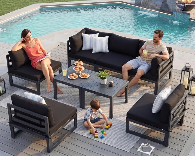 NICESOUL 6 Person Modern Aluminum Patio Furniture Set, 500 lbs Heavy Duty Sturdy Outdoor Sectional Sofa, 29" Deep Wide Oversized Seating, L Shaped Modular Conversation Couch for Garden Backyard, Black