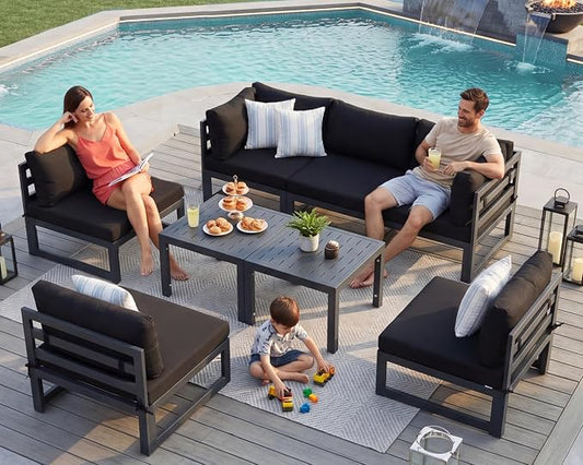 NICESOUL 6 Person Modern Aluminum Patio Furniture Set, 500 lbs Heavy Duty Sturdy Outdoor Sectional Sofa, 29" Deep Wide Oversized Seating, L Shaped Modular Conversation Couch for Garden Backyard, Black