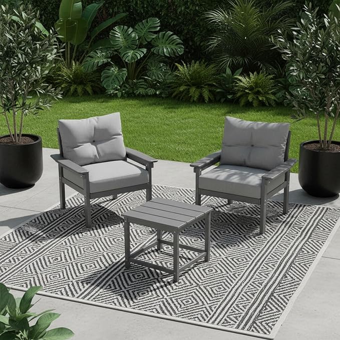 HDPE 3 Piece Patio Furniture Set, All-Weather Outdoor Couch Bistro Set with Thick Cushions & Side Table, Patio Conversation Sets for Lawn, Porch, Garden, Balcony, Deck, Poolside, Grey & Grey