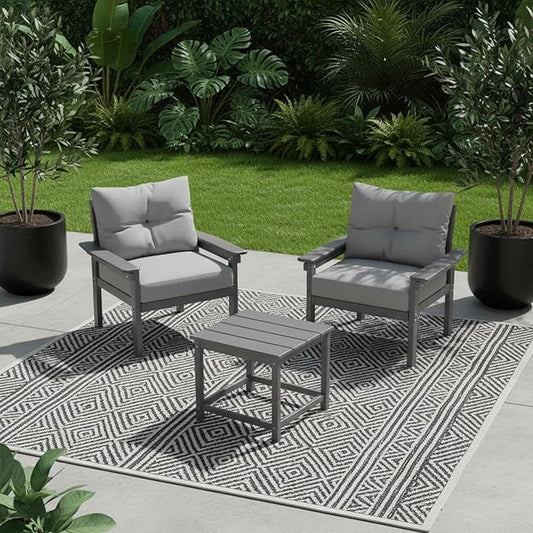 HDPE 3 Piece Patio Furniture Set, All-Weather Outdoor Couch Bistro Set with Thick Cushions & Side Table, Patio Conversation Sets for Lawn, Porch, Garden, Balcony, Deck, Poolside, Grey & Grey