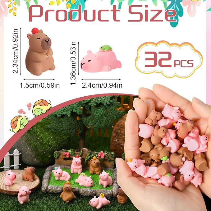 32 Pcs Mini Resin Capybaras, 16 Styles Capybara Figures | Mini Figure Cute Capybara Resin Animals Miniature Figurines Tiny Animals for Garden Landscape Dollhouse Party Decor DIY