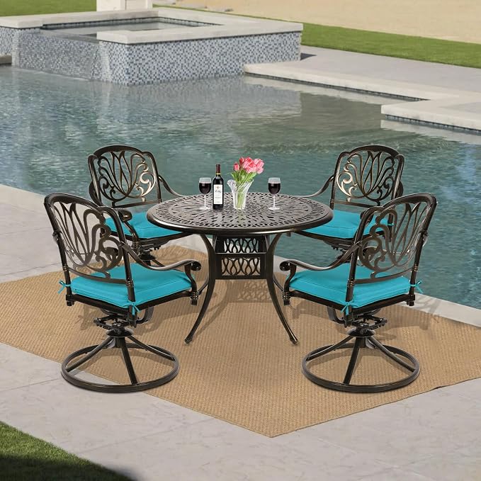 VIVIJASON 5-Piece Outdoor Patio Dining Set, All-Weather Cast Aluminum Conversation Set, Patio Furniture Set, Include 4 Swivel Dining Chairs, a 35.4" Round Table w/Umbrella Hole, Ocean Blue Cushion