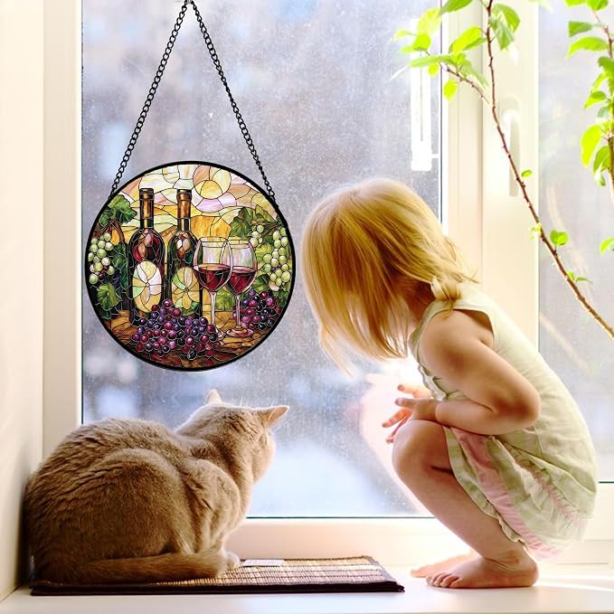 DASTOLL Stained Glass Window Hanging, Grapes and Wine Suncatcher Diamond Glass Panel Hangings Sun Catchers Decor for Birthday for Women, Men, Wife, Aunt, and Mom 11.8x11.8 in