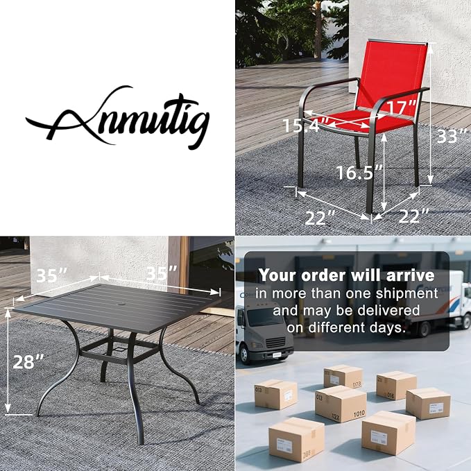Outdoor Patio Red Stackable Chairs and 35" Square Table Small Dining Set 5 | 4 Piece Stackable Chairs, Textilene Seat&Back, Metal Table, Slat Table Top, 4 Person Use, 1.57" Umbrella Hole, All Weather