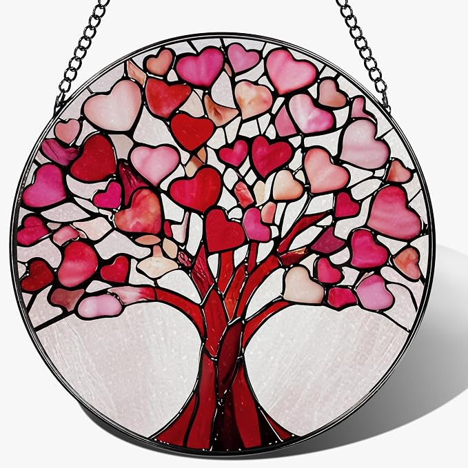Stained Glass Window Hanging - 8 Inch Love Heart Tree Suncatcher, Sun Catchers Indoor Window | Valentine’s Day, Mother's Day, Christmas, Anniversary, Birthday Gifts for Lover, Wife, Girlfriend, Mom