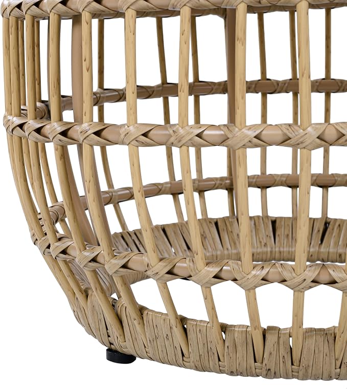 Merax Bohemian Round Outdoor Side Table with Acacia Wood Top and Wicker Base, Boho Rattan Coffee Table for Garden, Pool, Deck, Balcony, Yard, Patio, Light Brown