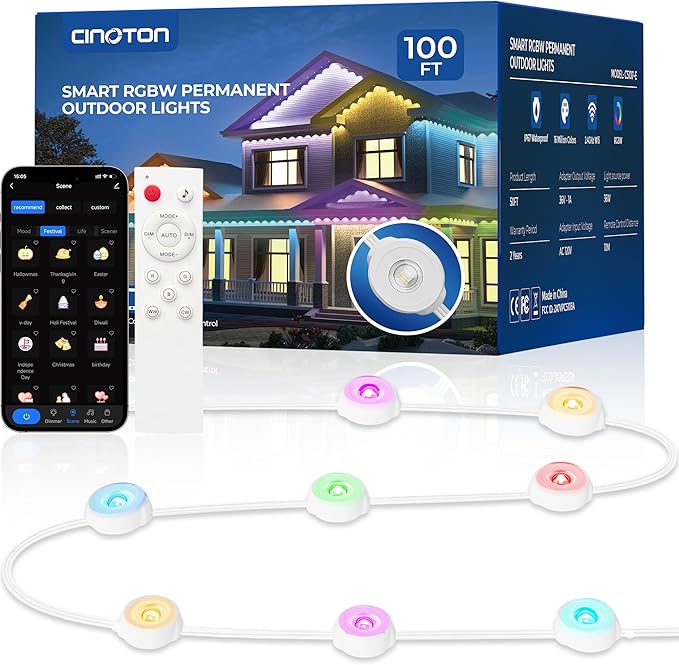 CINOTON Permanent Outdoor Lights 100ft, Smart RGBW+IC Eaves Lights with 60LEDs, IP67 Waterproof, 111 Scene Modes for Daily and Festival, Halloween Christmas Holiday Decor, APP/Voice/Remote Control