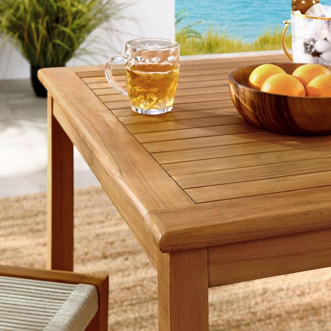 Modway Vienna Outdoor Patio Teak Wood 3-Piece Dining Set in Natural Natural – Weather-Resistant Square Dining Table with Woven Rope Armless Chairs – Bistro Set for 2 – Chair Patio Set with Table