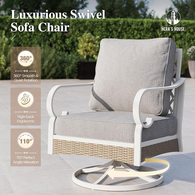 HERA'S HOUSE 6 Piece Metal Patio Furniture Set, All Weather Outdoor Conversation Set with 3-Seat Sofa, 2 Swivel Chairs, 2 Fixed Chairs & Coffee Table, 7 Seats for Backyard, Garden, Deck, White/Grey