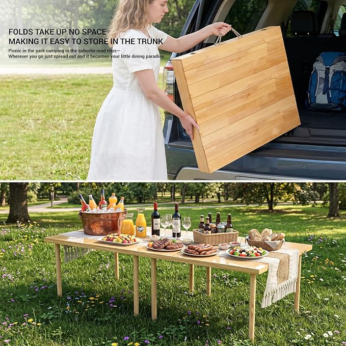 Upgraded Mini Low Wooden Folding Picnic Table with 8-Legs, Thick Varnished Tabletop, 44"×30" Portable Boho Beach Table with Table Runner for Yard, Camping, Indoor & Outdoor (Vertical Stripe)