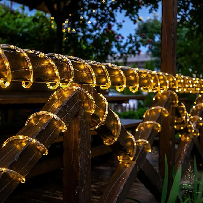 Solar Rope Lights, 33ft 100LED Solar String Lights, 8 Modes Waterproof Solar Outdoor Light, Flexible Clear Trampoline Light for Garden Backyard Patio Deck Porch, Pool Tree Decoration - Warm White